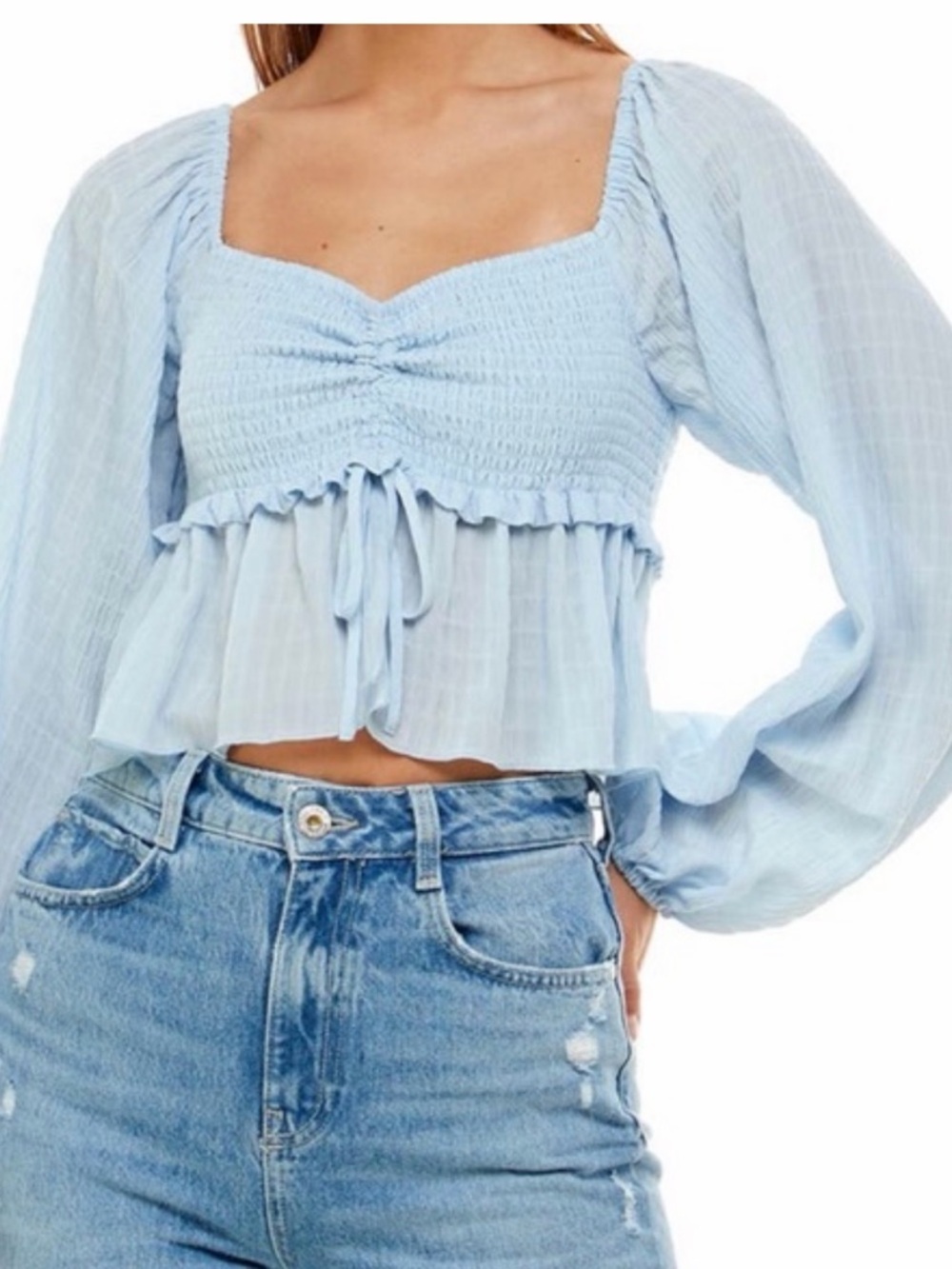 Wayf Light Blue Smocked Peasant Crop Top